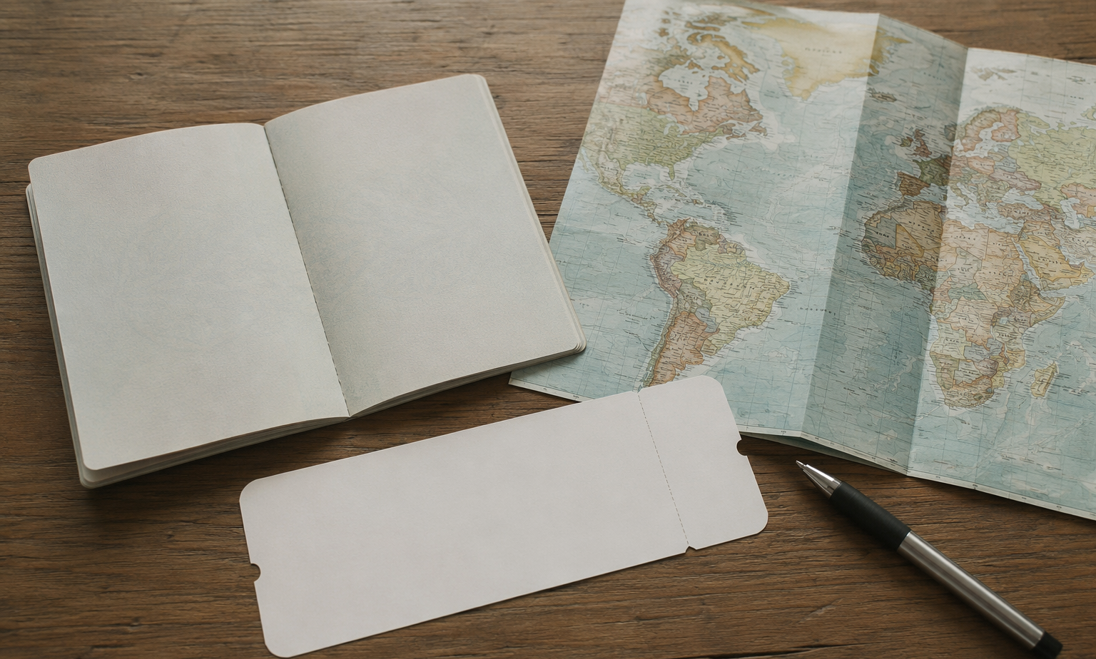 Passport, boarding pass and world map while planning a trip