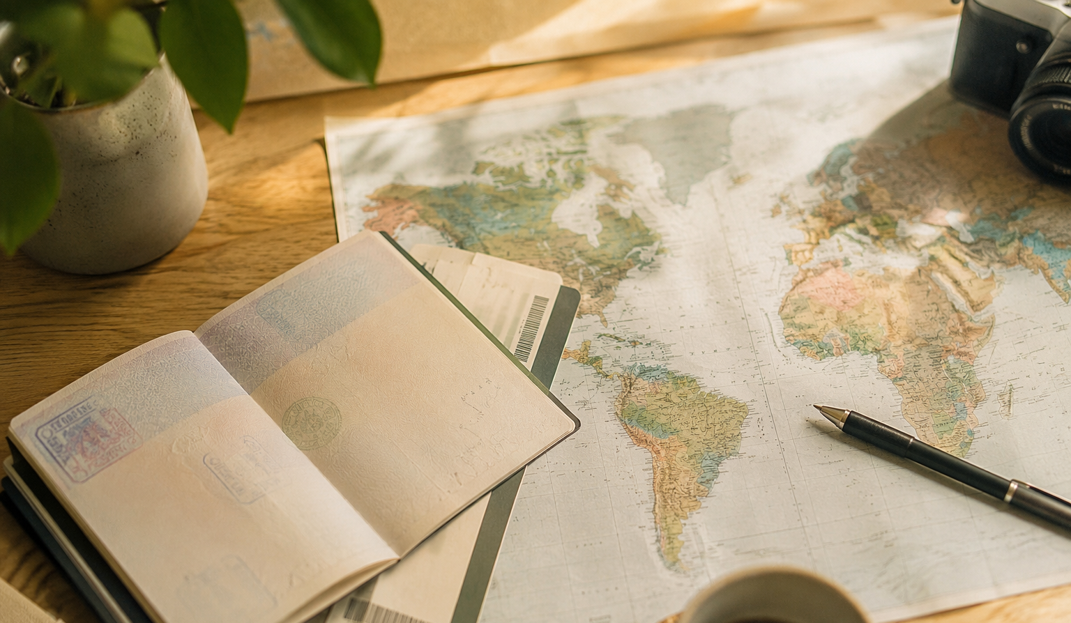 Open passport, boarding pass and world map on a wooden desk with a pen, planning a trip