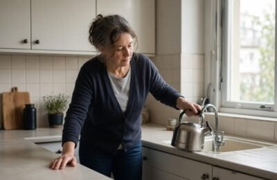 Man in a kitchen pausing over a mug because his hands are stiff.