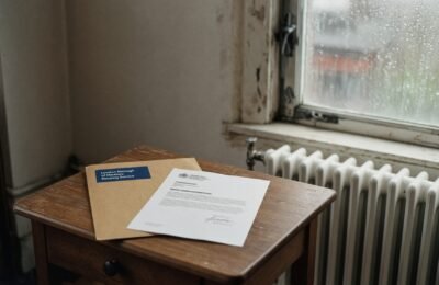 Young woman in a small London bedroom looking at a darkened patch of wall near the window.
