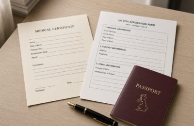 Passport, visa form and a cream medical certificate on a pale oak desk.