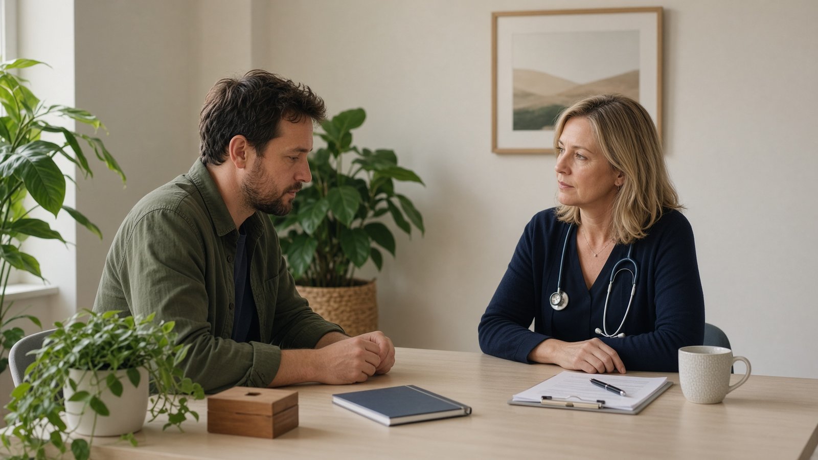 GP listening to a patient across a desk.