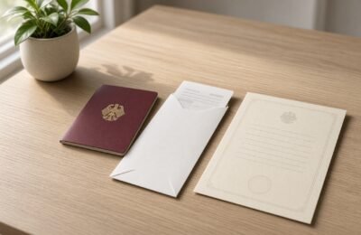Passport, boarding pass and a medical certificate on a table.