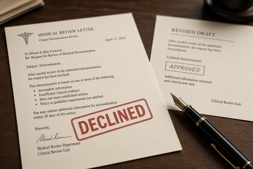 GP writing a medical letter at a desk with a clinical file open.