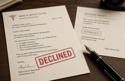GP writing a medical letter at a desk with a clinical file open.