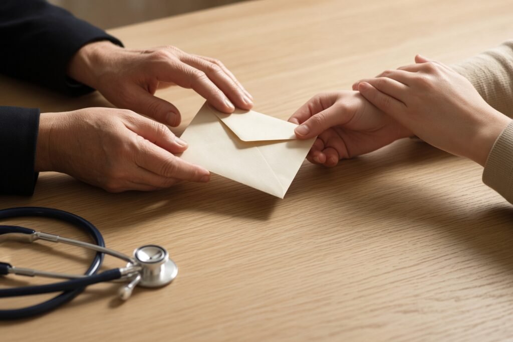 Hands sliding a cream envelope across a desk toward a patient, stethoscope at the edge of frame.