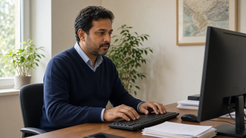 GP typing a referral letter at a computer with a paper file beside the keyboard.