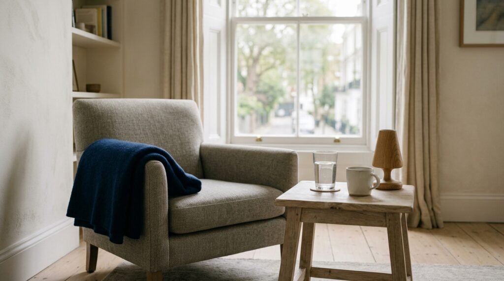 An empty armchair with a navy wool blanket over the arm beside a side table holding a glass of water, in a calm sunlit living room