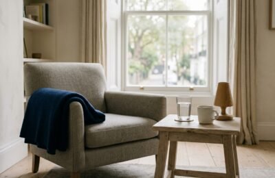 An empty armchair with a navy wool blanket over the arm beside a side table holding a glass of water, in a calm sunlit living room