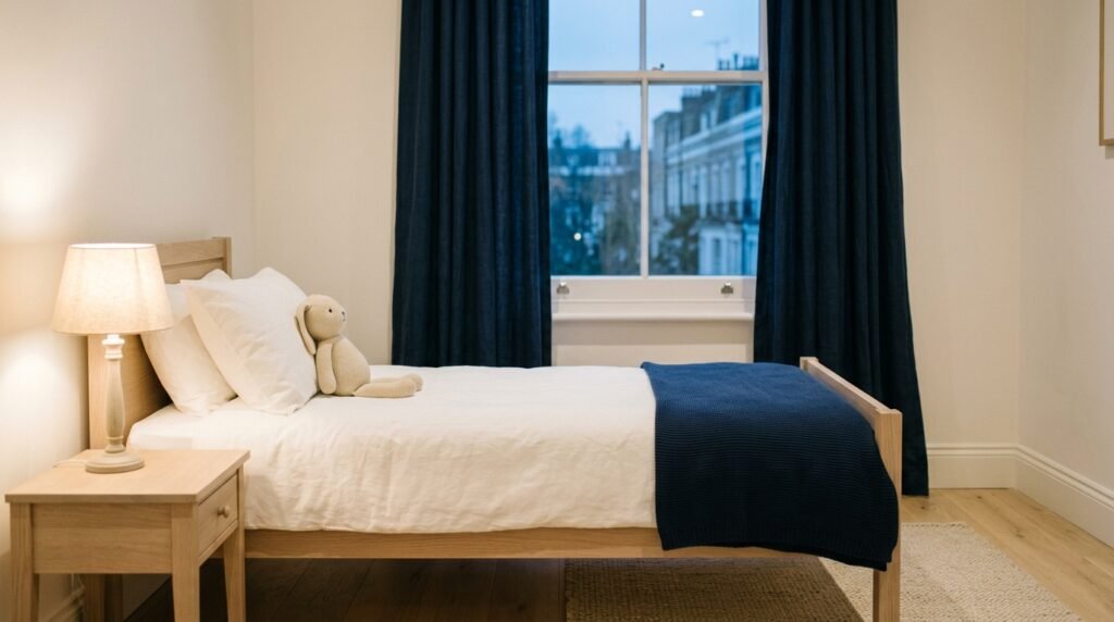 A calm empty child's bedroom at dusk with a bedside lamp lit, a knitted toy rabbit against the pillow and a navy blanket across the bed
