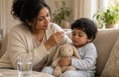 Parent checking a toddler’s temperature on a sofa, child holding a stuffed rabbit.