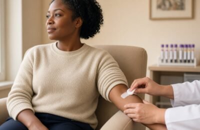 Patient having a blood sample taken in a calm private clinic armchair.