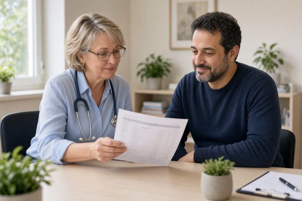 GP explaining printed blood-test results to a patient at a desk.