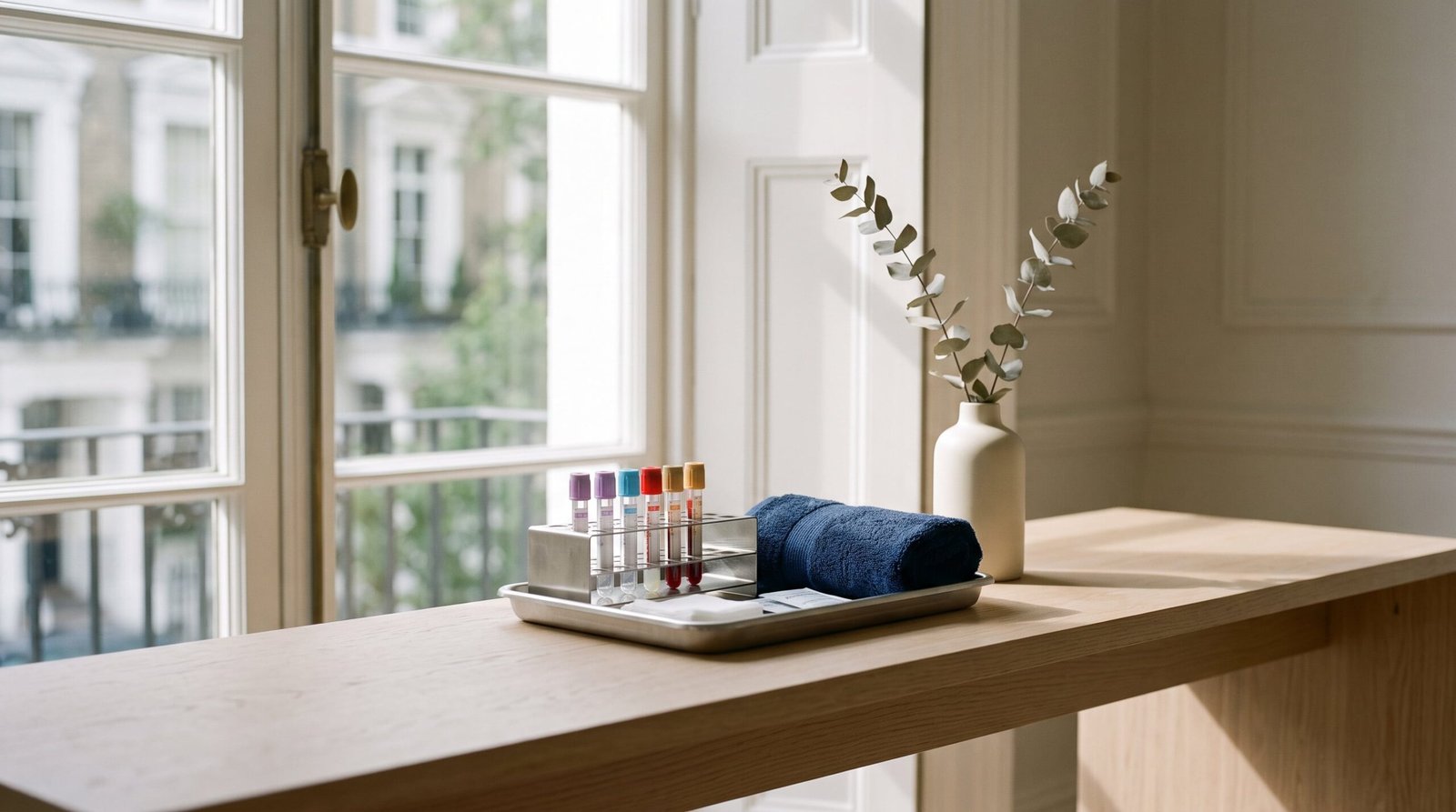 Sample tubes in a steel rack on a pale oak table beside a sunlit sash window in a calm private clinic