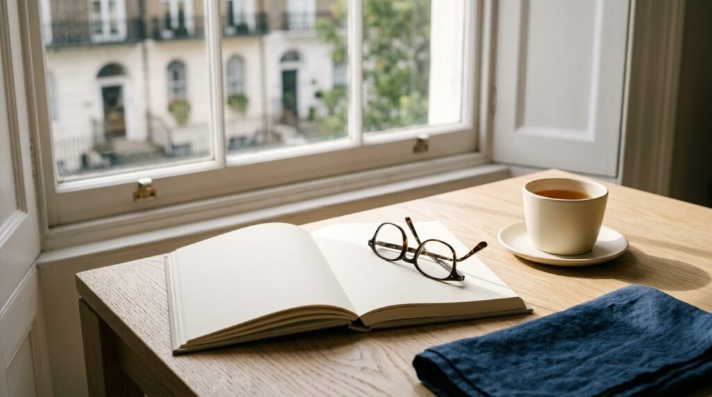 An open blank notebook, reading glasses and a cup of tea on a pale oak desk beside a sunlit sash window
