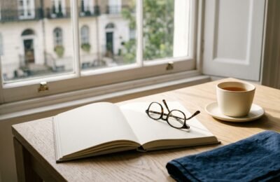 An open blank notebook, reading glasses and a cup of tea on a pale oak desk beside a sunlit sash window