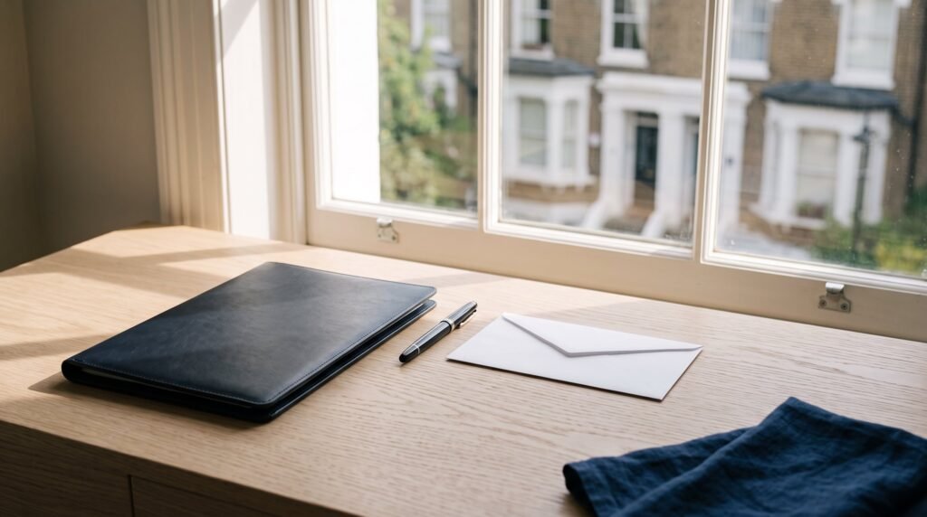 A closed leather document folder, a pen and a sealed envelope on a pale oak desk beside a bright sash window