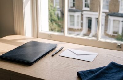 A closed leather document folder, a pen and a sealed envelope on a pale oak desk beside a bright sash window
