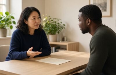 GP explaining a printed letter to a patient across a desk in a consulting room.